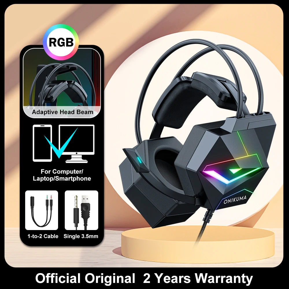 ONIKUMA X15 Pro RGB Head Beam Gaming Headphones with Mic 3.5mm Durable Stereo Surround RGB Headset Gamer for Game for PS5 Switch