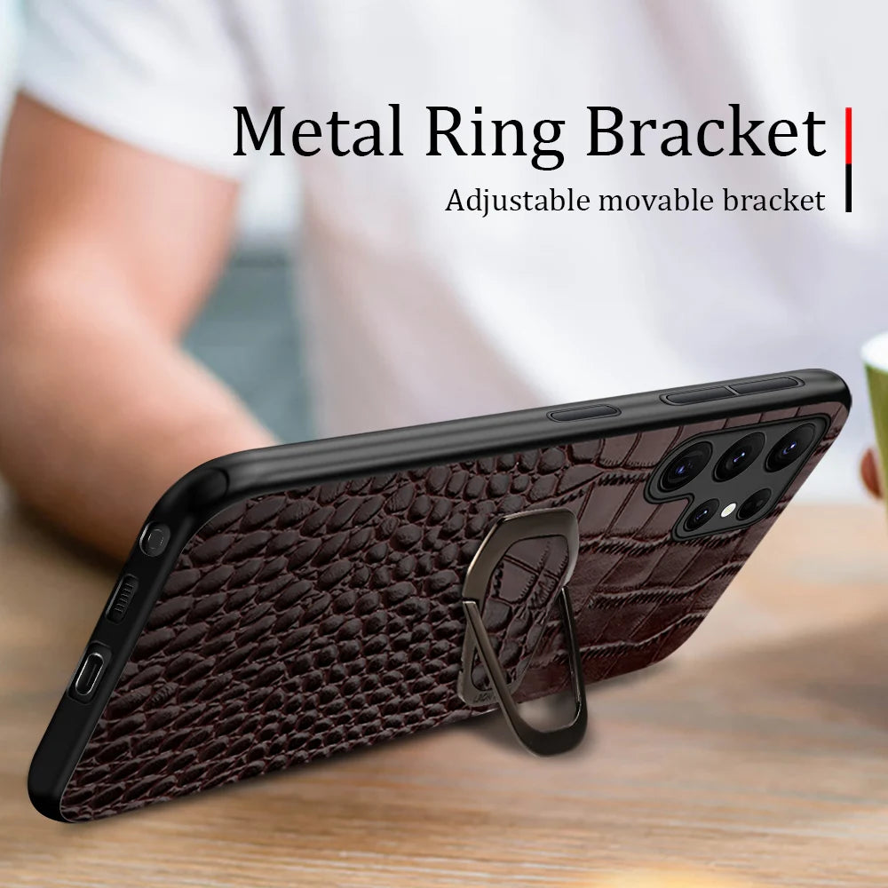 Genuine Cowhide Leather Bracket Phone Case For Samsung Galaxy S 24 23 S24 Ultra S23 Plus S24Ultra S22Ultra Back Cover with Ring