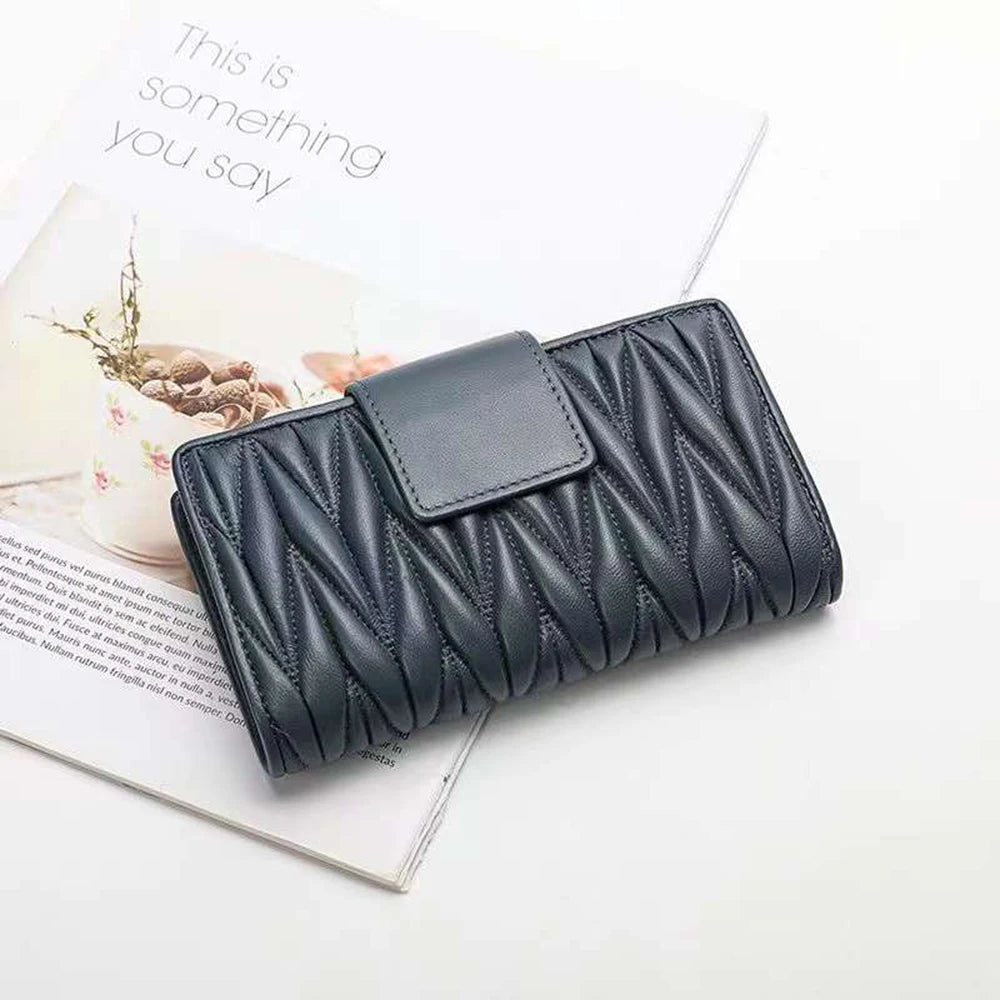Luxury Wrinkled Sheepskin Card Holder Wallet For Women Quilted Genuine Leather Female Long Purse Large Capacity Lady Clutch Bag